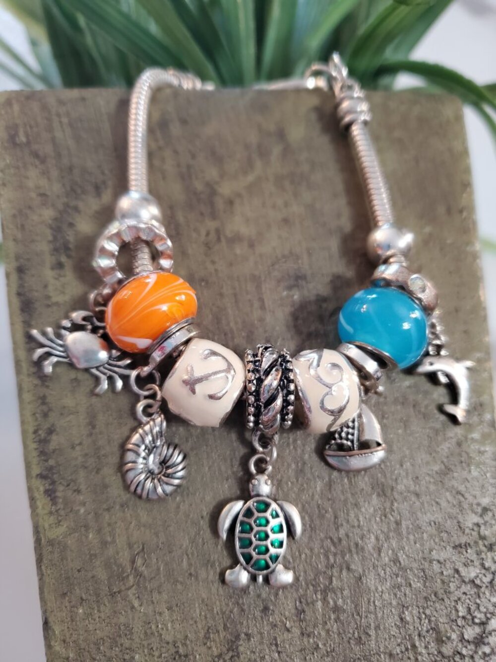 Ocean Sea Life Silver Tone Charm Bracelet with Glass Beads